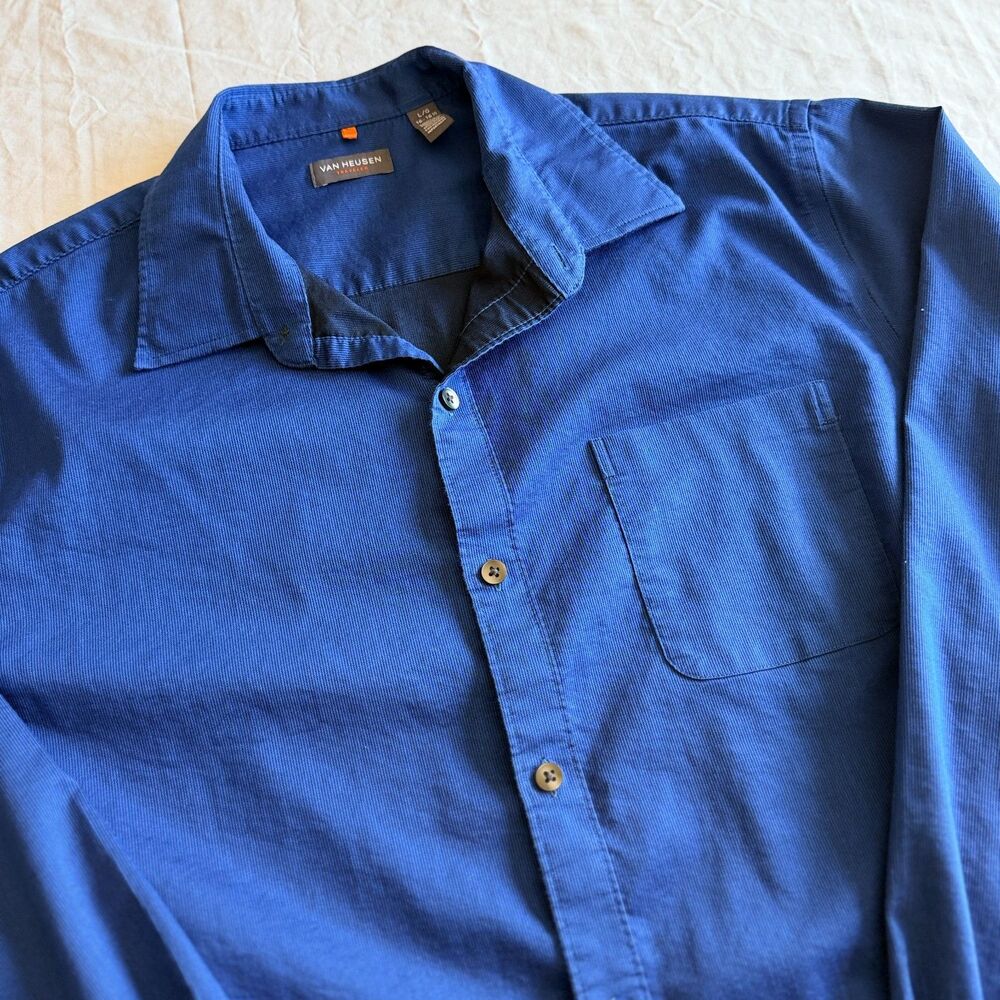 Van Heusen Traveler Shirt Mens Large Blue Long Sleeve Stretch Button Up